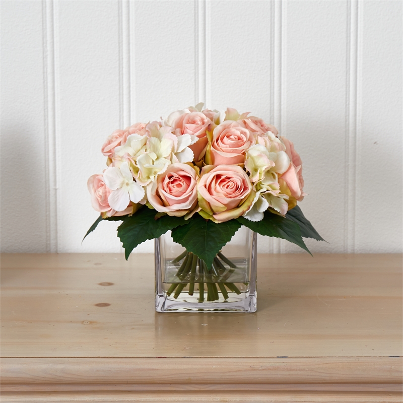 Nearly Natural Rose and Hydrangea Bouquet Artificial Arrangement in Vase in Pink