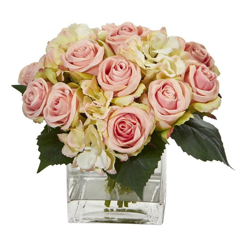 Nearly Natural Rose and Hydrangea Bouquet Artificial Arrangement in Vase in Pink
