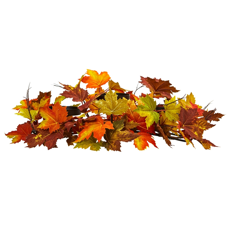 Nearly Natural Maple Leaf Artificial Arrangement Candelabrum in Orange