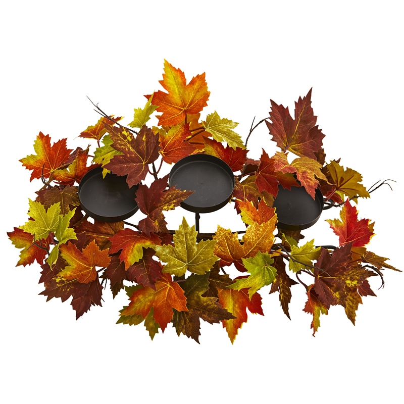 Nearly Natural Maple Leaf Artificial Arrangement Candelabrum in Orange