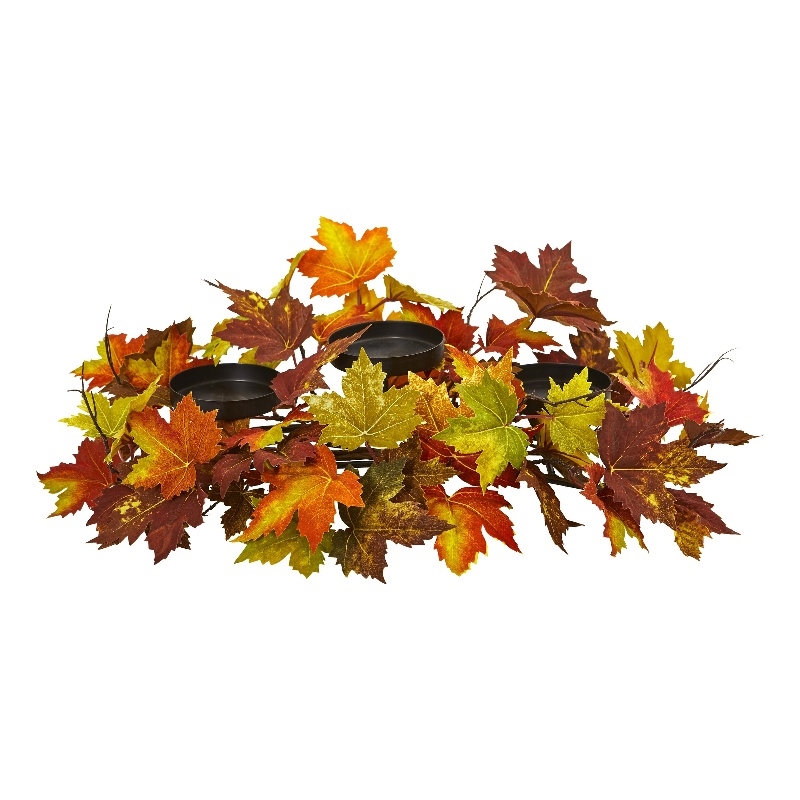 Nearly Natural Maple Leaf Artificial Arrangement Candelabrum in Orange