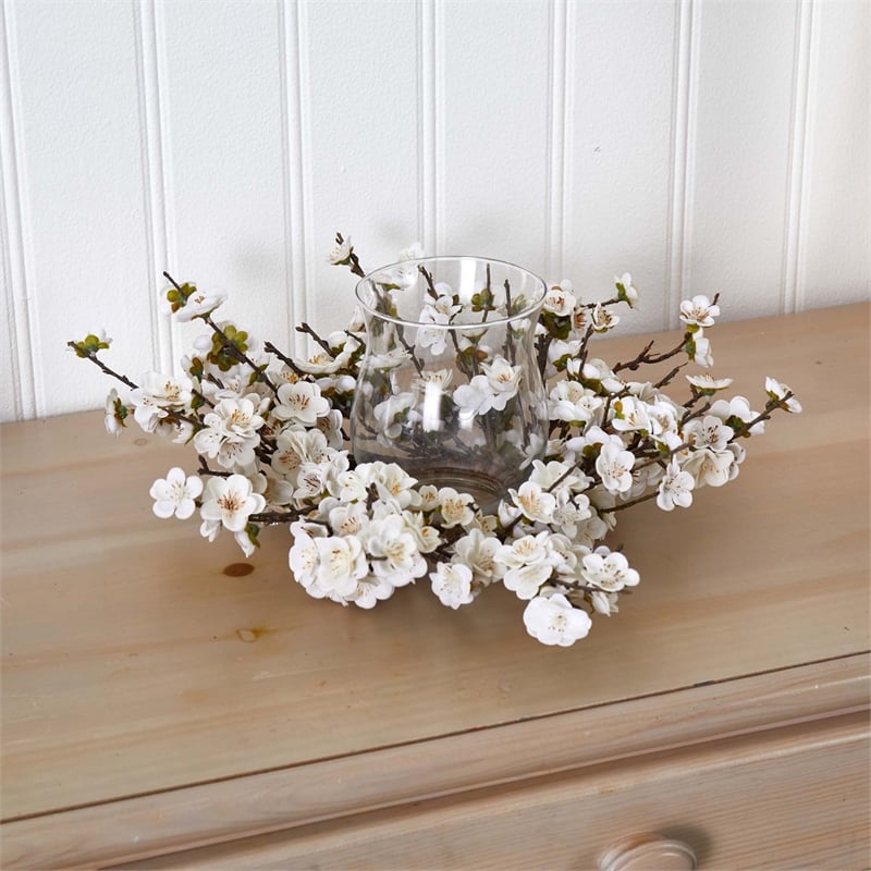 Nearly Natural Plum Blossom Candelabrum in White
