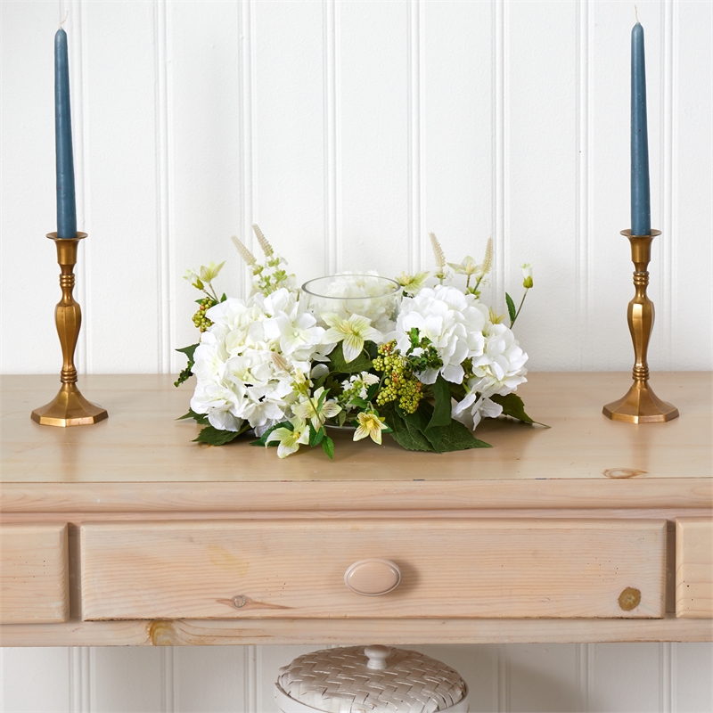 Nearly Natural Hydrangea Artificial Arrangement Candelabrum in White