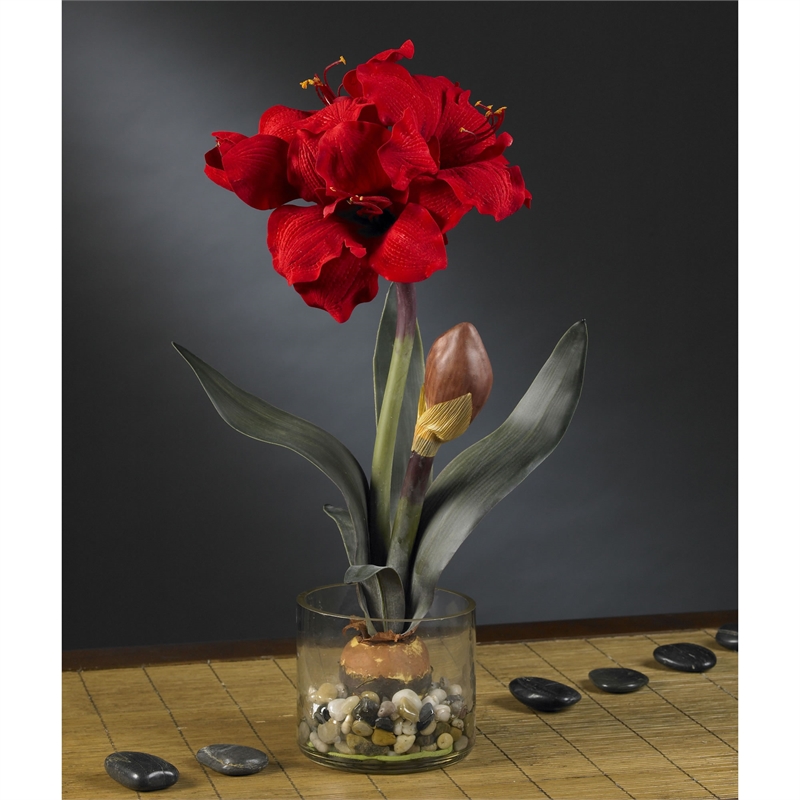 Nearly Natural Amaryllis with Round Vase in Red