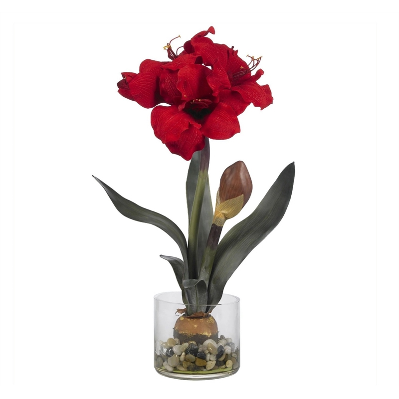 Nearly Natural Amaryllis with Round Vase in Red