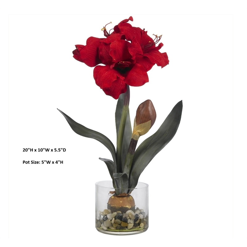 Nearly Natural Amaryllis with Round Vase in Red