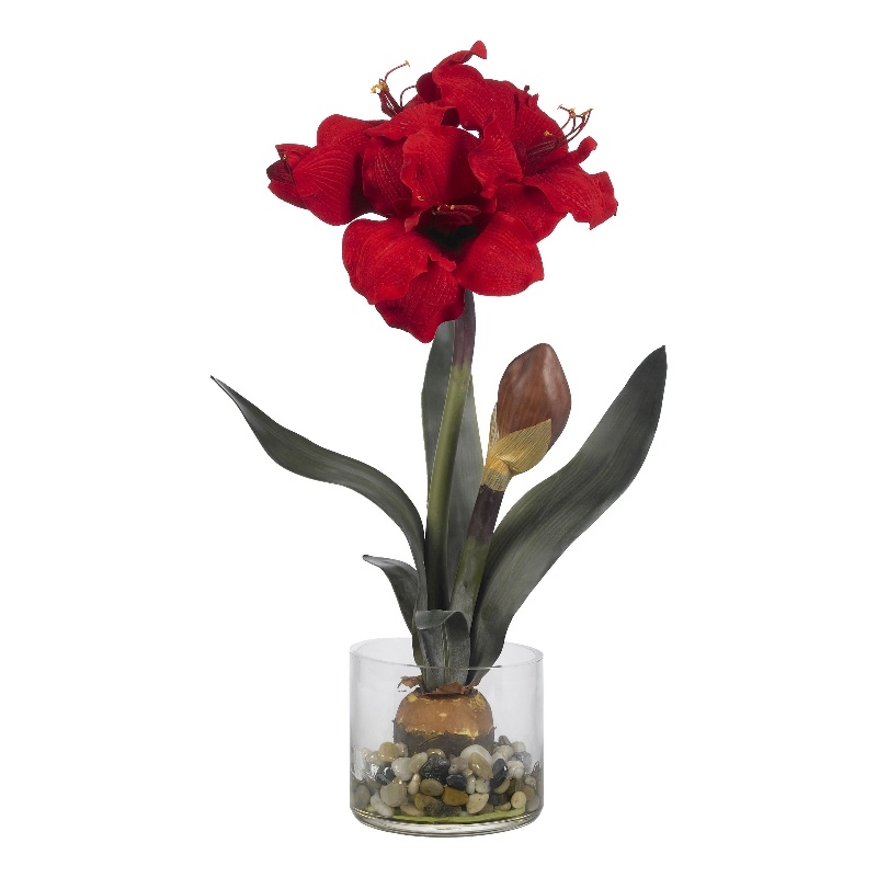 Nearly Natural Amaryllis with Round Vase in Red