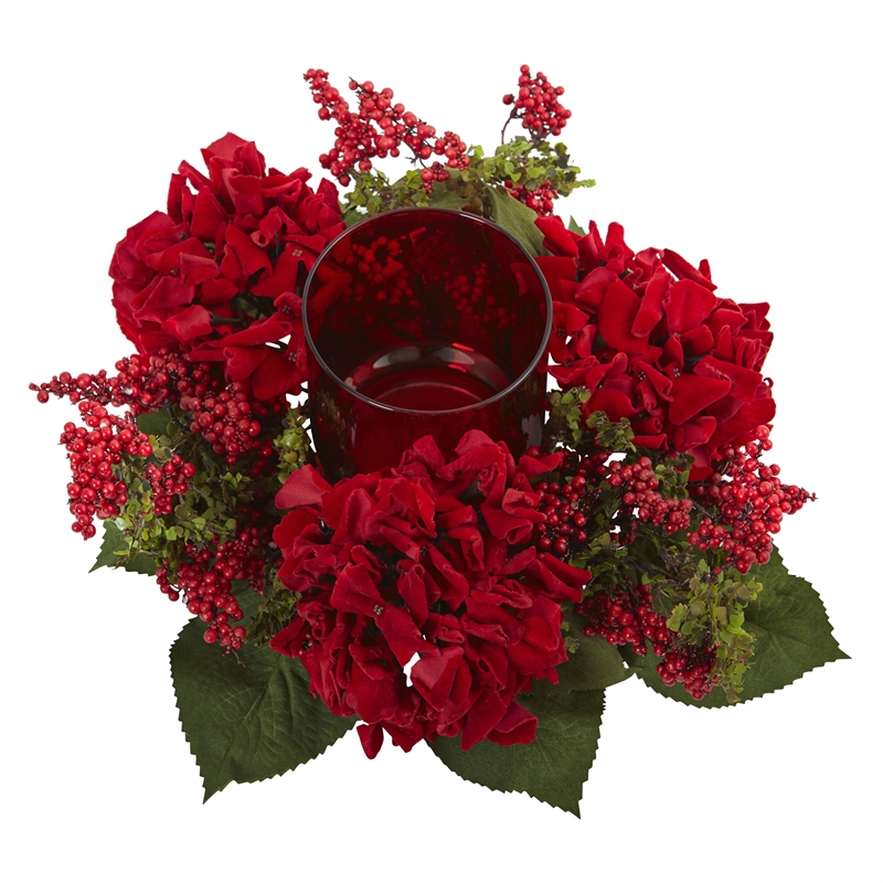 Nearly Natural Hydrangea & Berry Candelabrum in Red