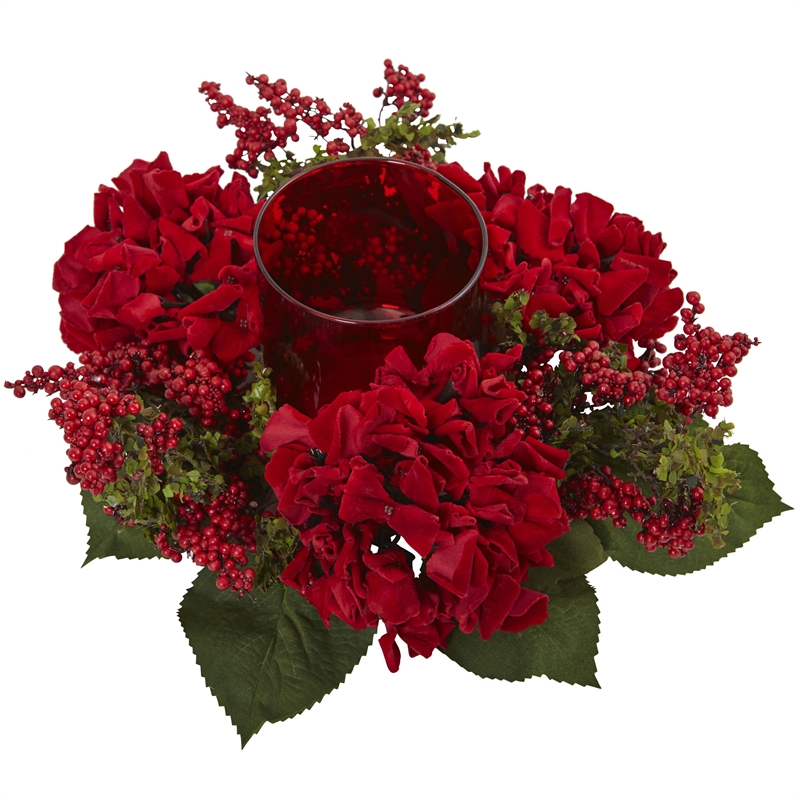 Nearly Natural Hydrangea & Berry Candelabrum in Red