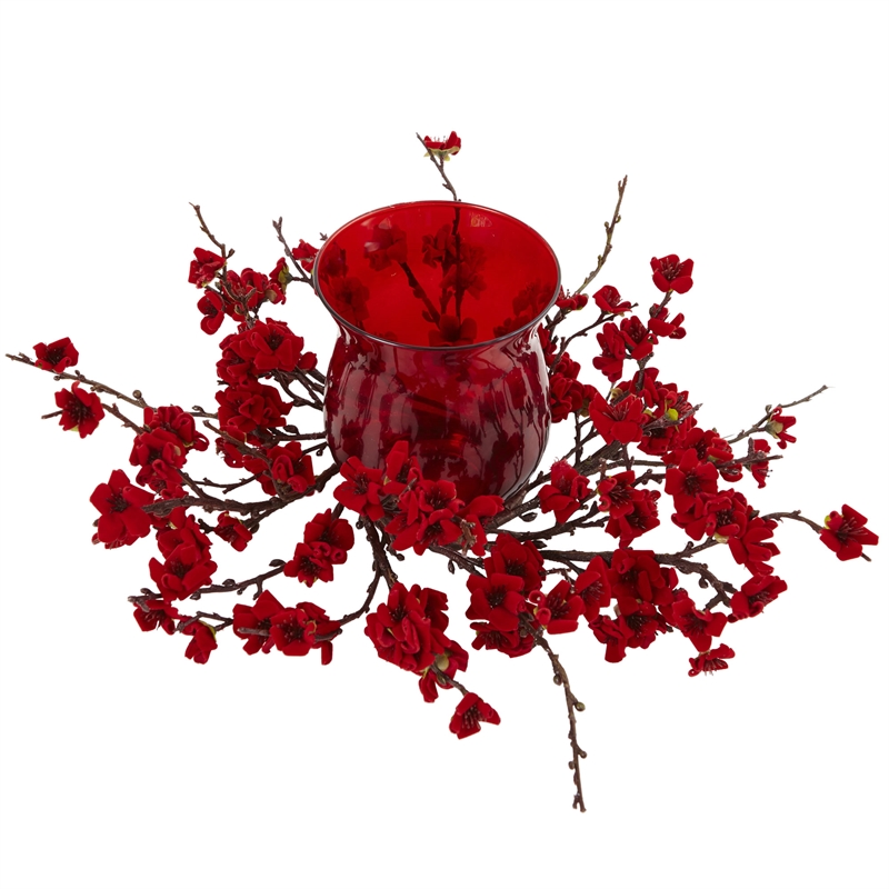 Nearly Natural Plum Blossom Candelabrum in Red