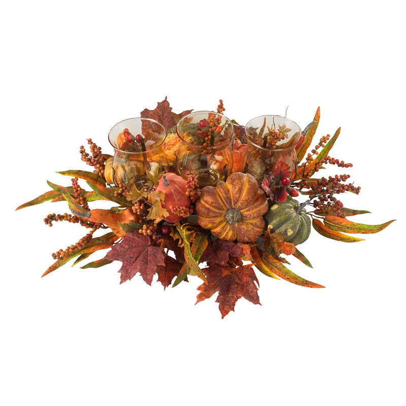 Nearly Natural Harvest Triple Candelabrum in Orange