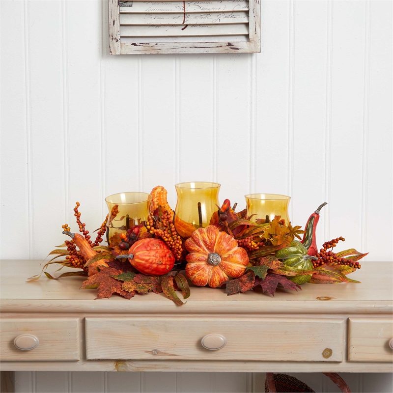 Nearly Natural Harvest Triple Candelabrum in Orange