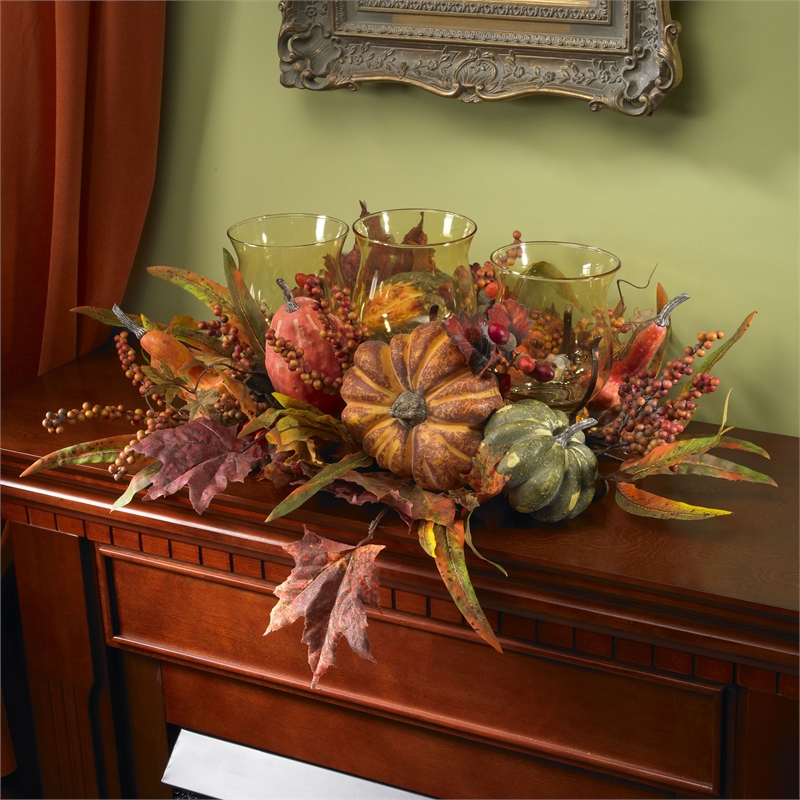 Nearly Natural Harvest Triple Candelabrum in Orange