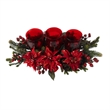 Nearly Natural Poinsettia & Berry Triple Candelabrum in Red