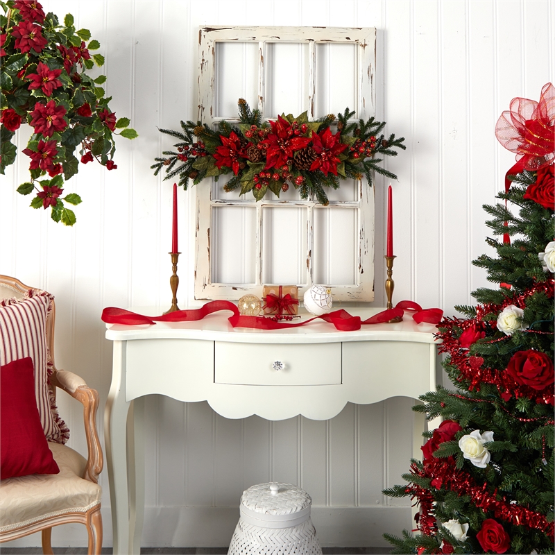Nearly Natural Poinsettia & Berry Centerpiece in Red