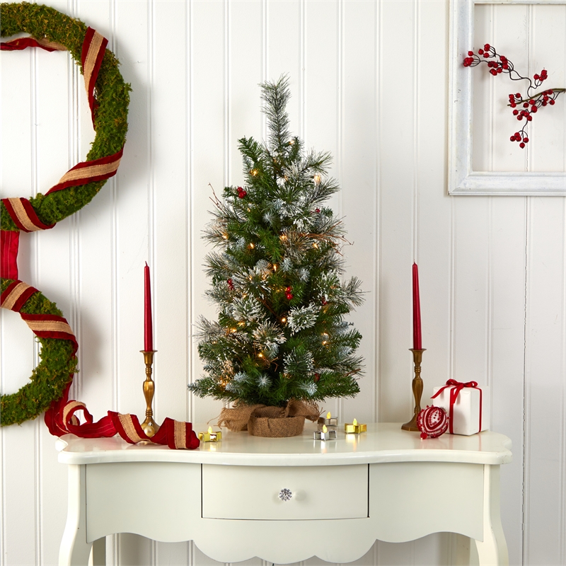 Nearly Natural 3ft Green Christmas Tree with Clear Lights Berries & Burlap Bag