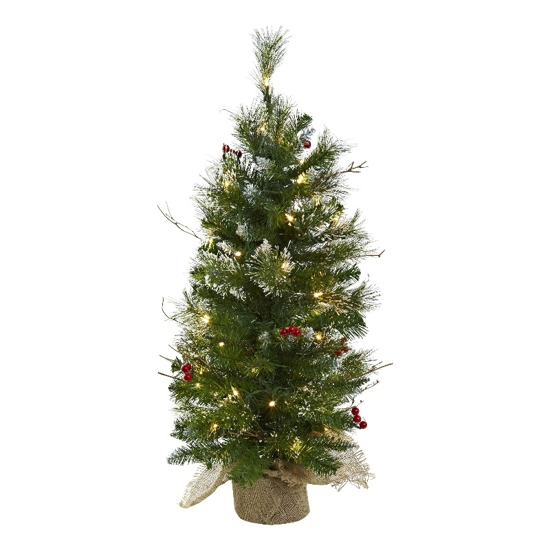 Nearly Natural 3ft Green Christmas Tree with Clear Lights Berries & Burlap Bag