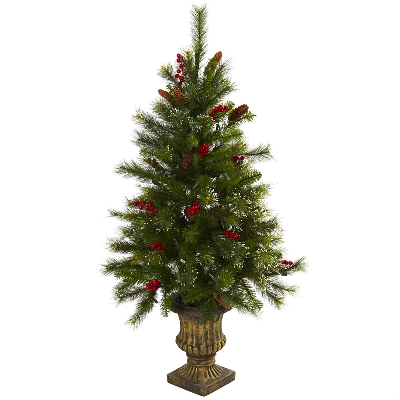 Nearly Natural 4ft Green Christmas Tree w/ LED Lights & Decorative Urn
