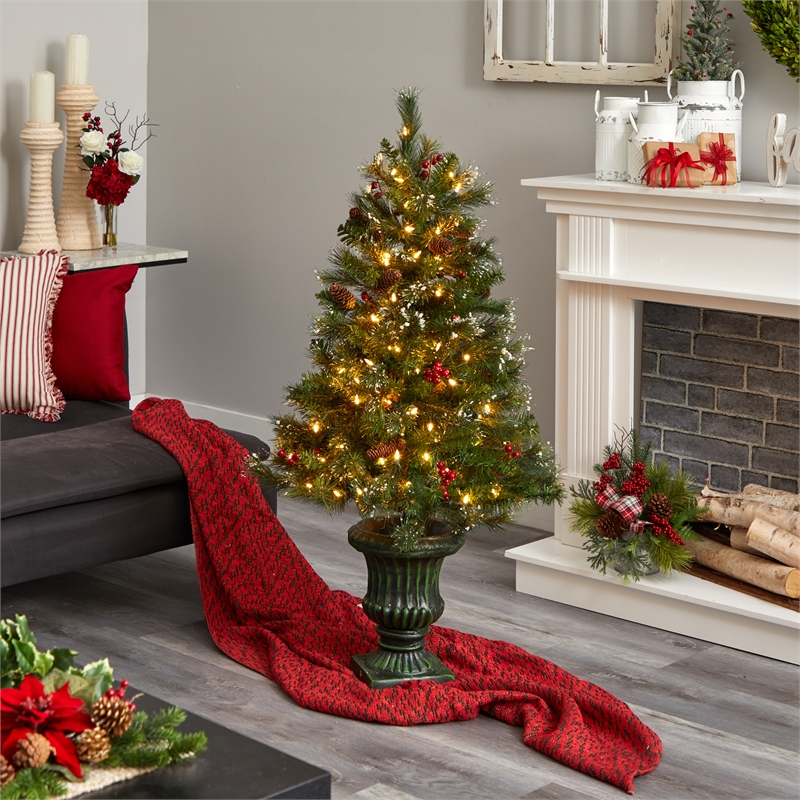Nearly Natural 4ft Green Christmas Tree w/ LED Lights & Decorative Urn