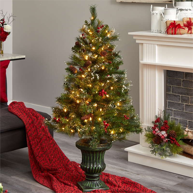 Nearly Natural 4ft Green Christmas Tree w/ LED Lights & Decorative Urn