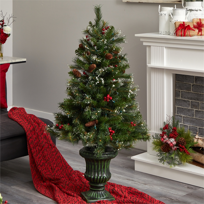 Nearly Natural 4ft Green Christmas Tree w/ LED Lights & Decorative Urn