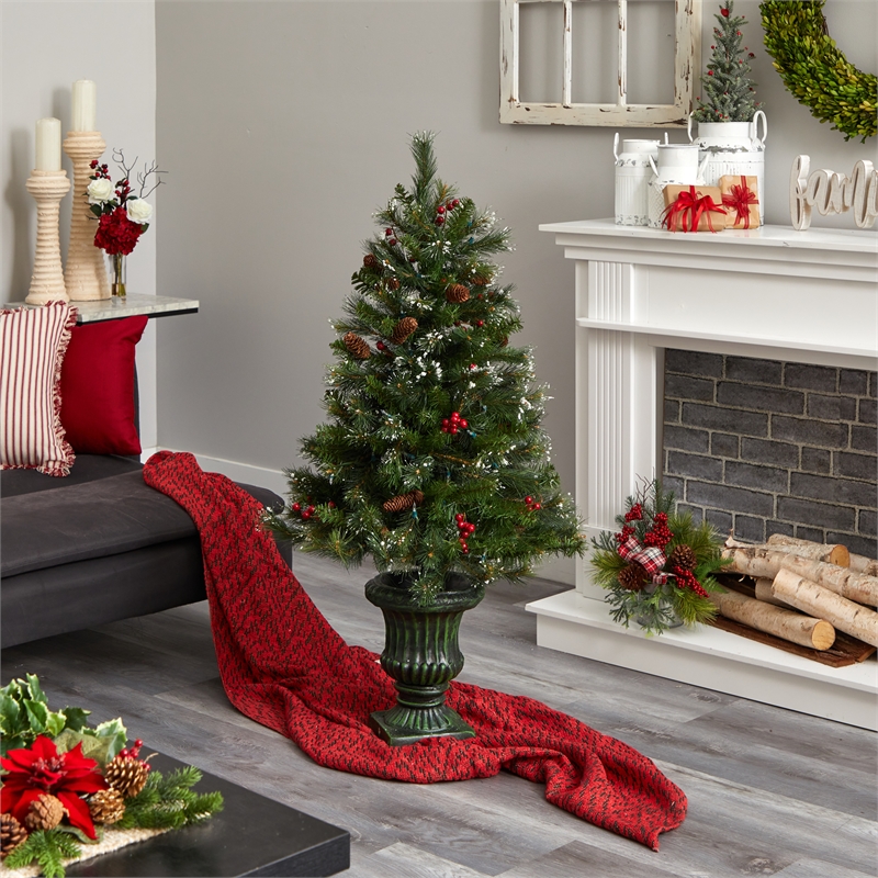 Nearly Natural 4ft Green Christmas Tree w/ LED Lights & Decorative Urn
