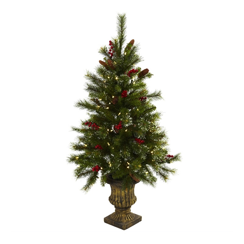 Nearly Natural 4ft Green Christmas Tree w/ LED Lights & Decorative Urn