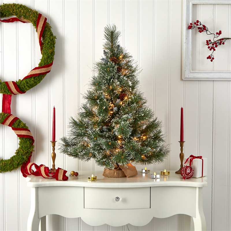 Nearly Natural 3ft Christmas Tree with Clear Lights Frosted Tips Pinecones