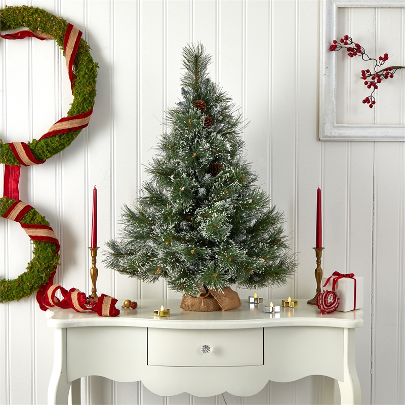 Nearly Natural 3ft Christmas Tree with Clear Lights Frosted Tips Pinecones