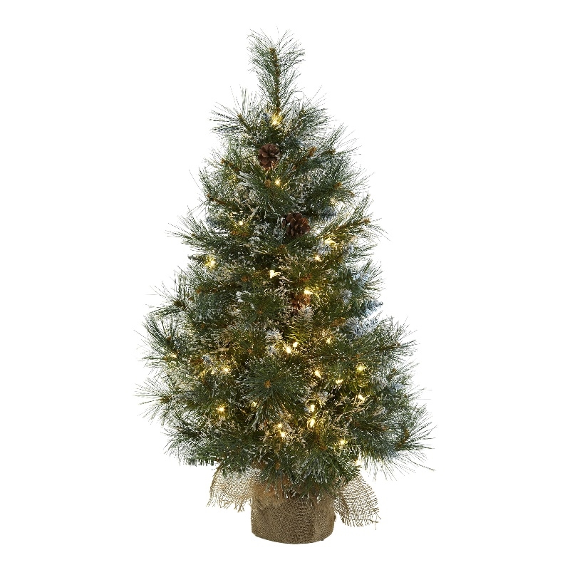 Nearly Natural 3ft Christmas Tree with Clear Lights Frosted Tips Pinecones