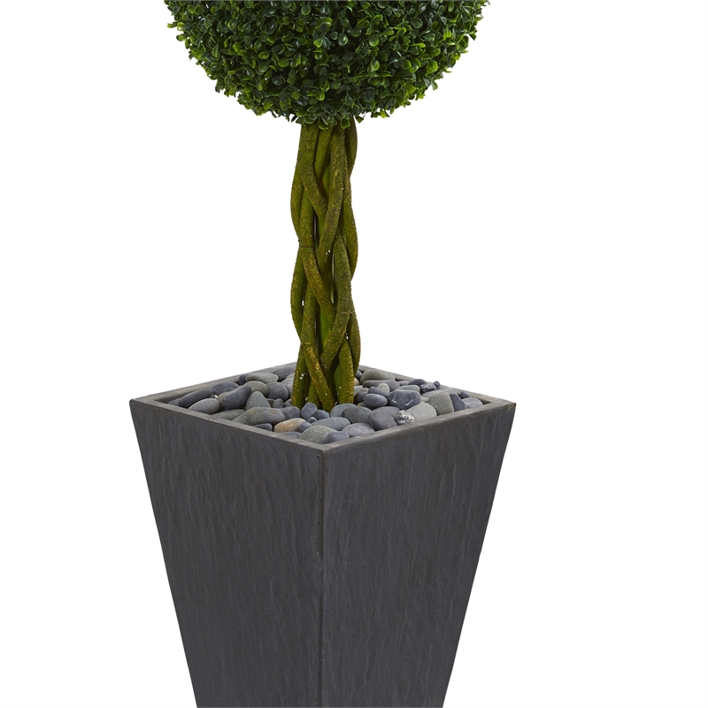 Nearly Natural 5ft Double Ball Boxwood Tree in Slate Planter UV Resistant