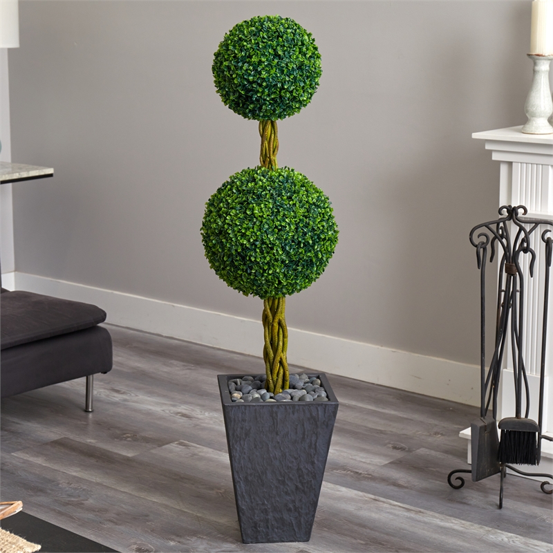 Nearly Natural 5ft Double Ball Boxwood Tree in Slate Planter UV Resistant