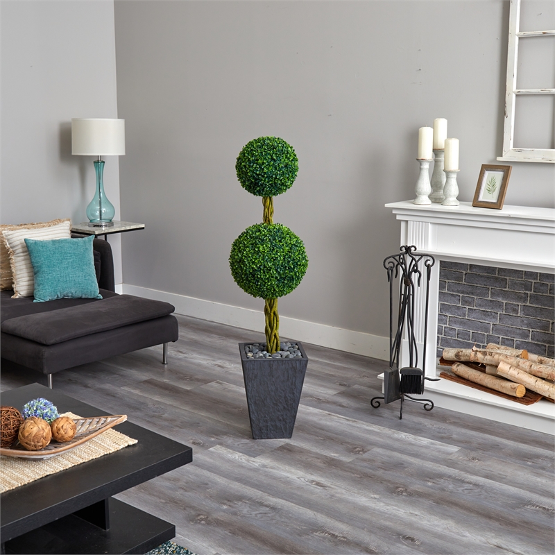 Nearly Natural 5ft Double Ball Boxwood Tree in Slate Planter UV Resistant