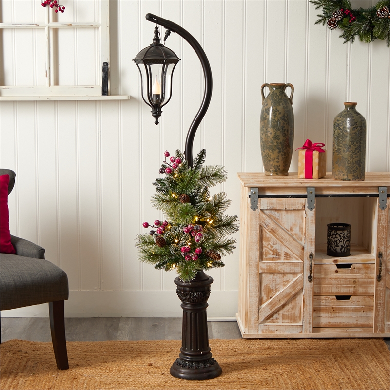 Nearly Natural 5ft Holiday Decorated Lamp Post with Christmas Greenery Berries