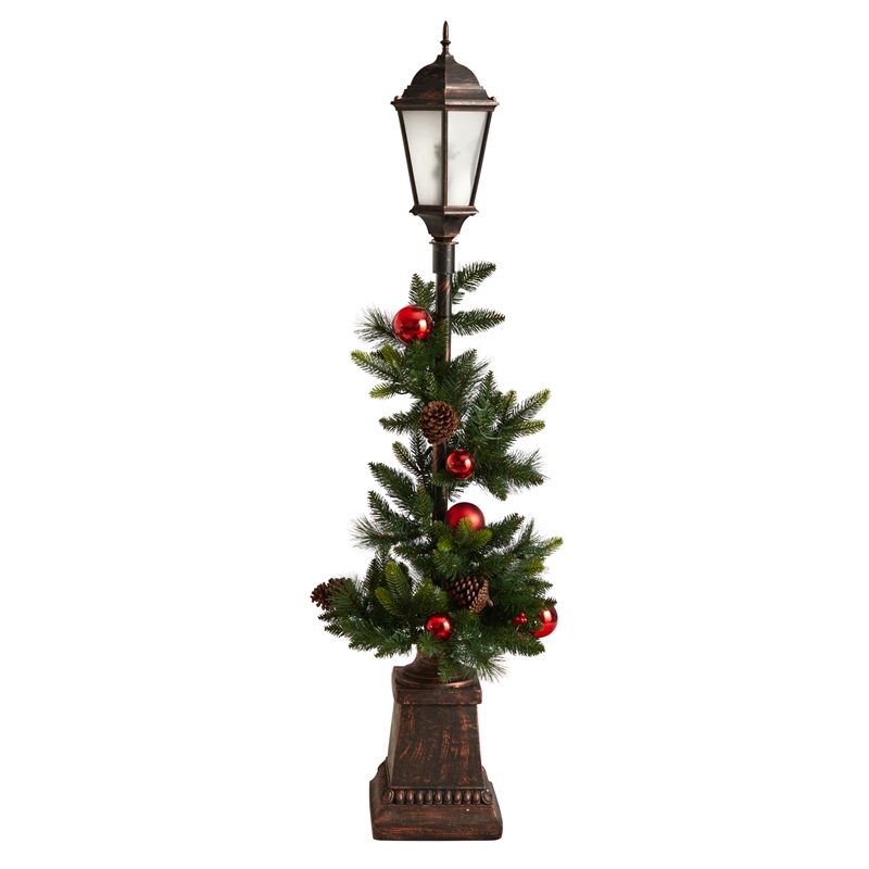 Nearly Natural 5ft Holiday Decorated Lamp Post w/ Christmas Greenery Ornaments