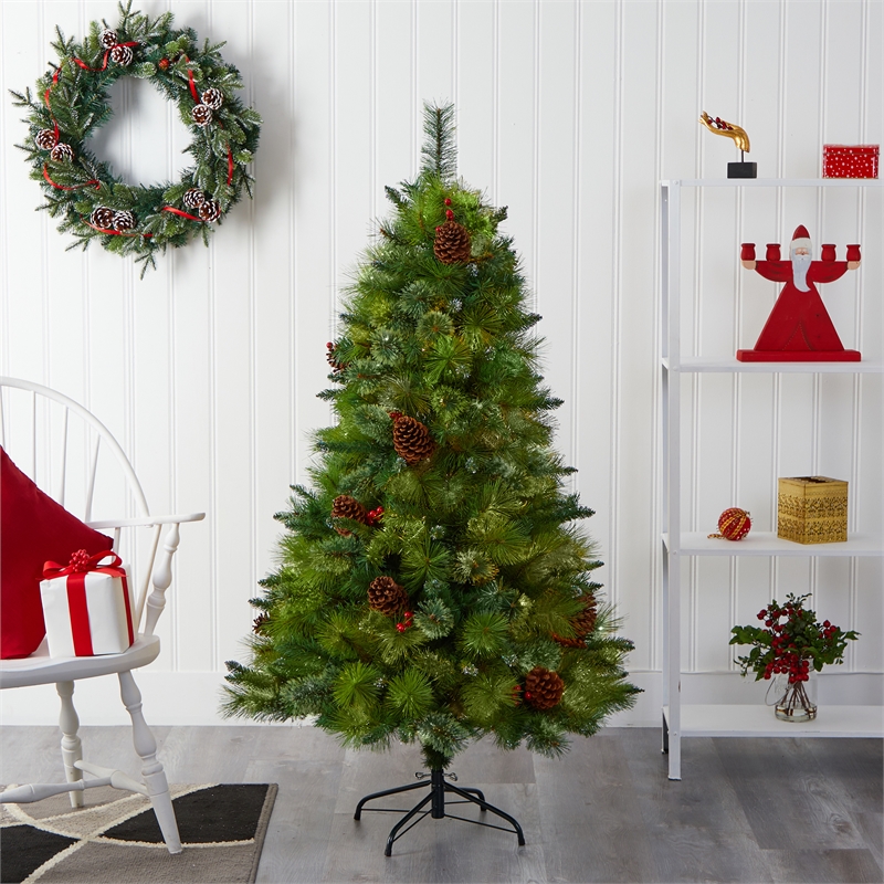 Nearly Natural 5ft Montana Mixed Pine Christmas Tree w/ Pine Cones Berries