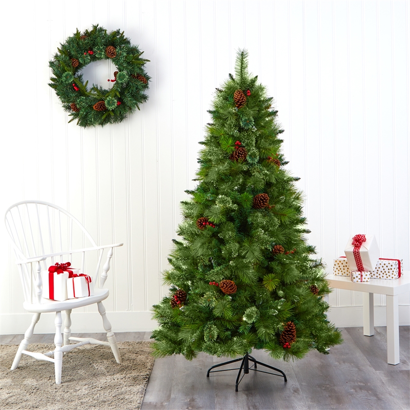 Nearly Natural 6ft Montana Mixed Pine Christmas Tree w/ Pine Cones Berries