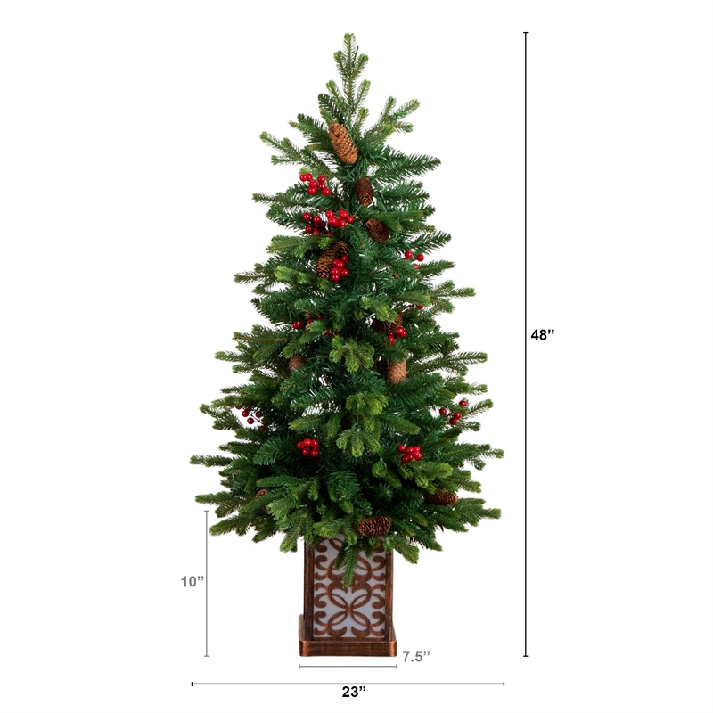 Nearly Natural 4ft Pre-Lit Christmas Tree w/ Pinecones Berries and 100 LED