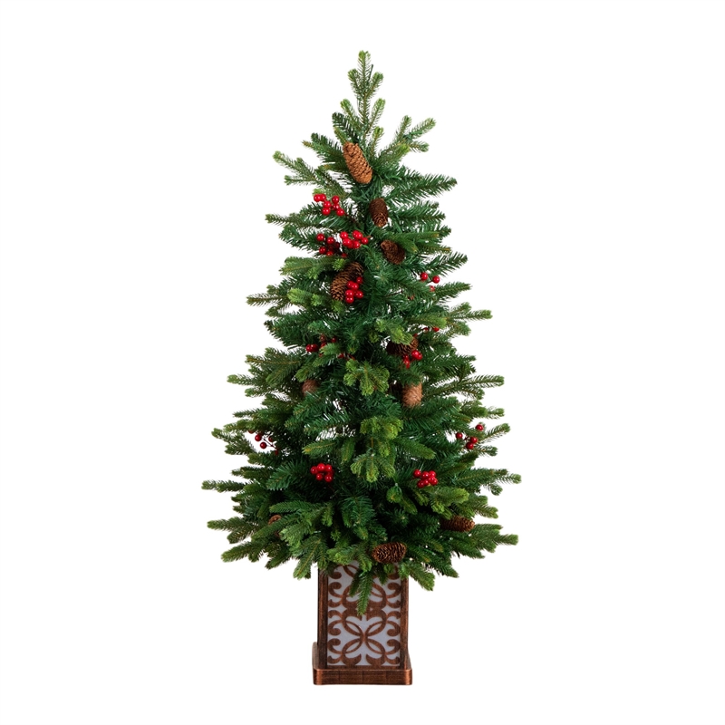 Nearly Natural 4ft Pre-Lit Christmas Tree w/ Pinecones Berries and 100 LED