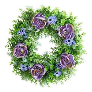 Nearly Natural 22&quot Purple Rose Blue Daisy & Greens Artificial Wreath in Purple
