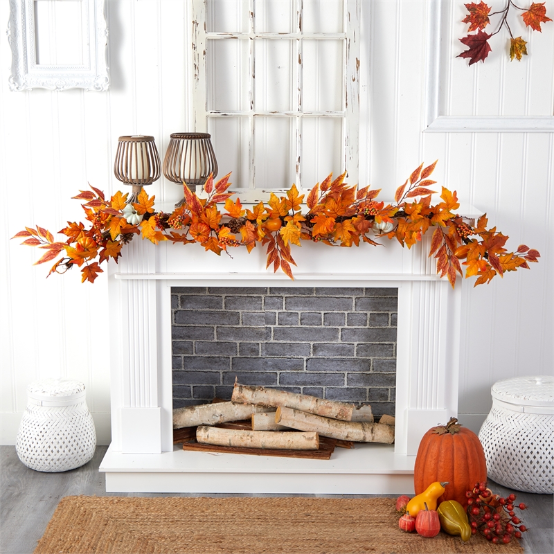 Nearly Natural 6ft Assorted Autumn Maple Leaves Pumpkins Gourds Berries