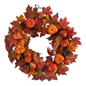 Nearly Natural 24&quot Autumn Maple Leaves Pumpkin Pinecone & Berries Fall Wreath