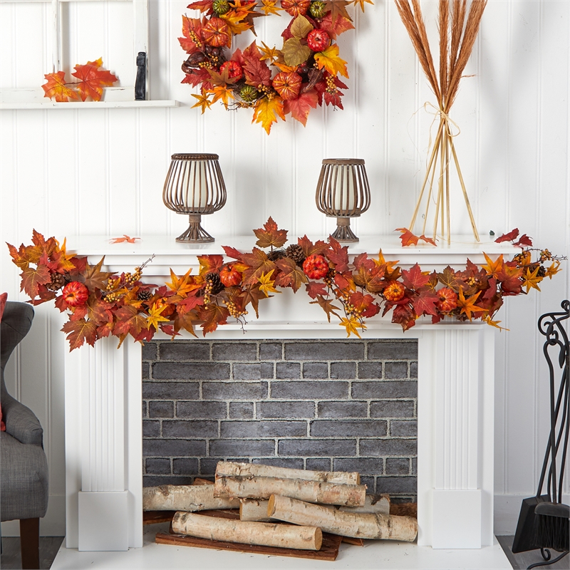Nearly Natural 6ft Autumn Maple Leaf PumpkinGourd & Berry Artificial Fall Garl