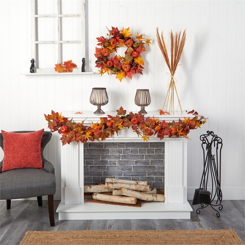 Nearly Natural 6ft Autumn Maple Leaf PumpkinGourd & Berry Artificial Fall Garl