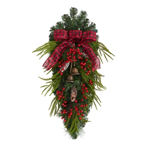 Nearly Natural 24&quot Holiday Christmas Pine Cones Berry and Bells Swag in Green