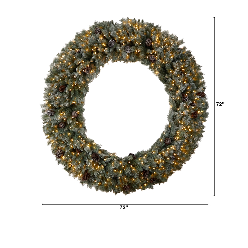 Nearly Natural 6ft Giant Flocked Christmas Wreath w/ Pinecones 600 Clear LED