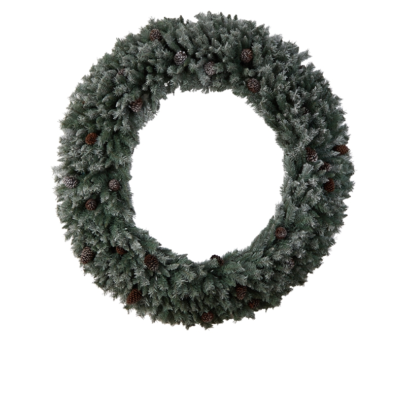 Nearly Natural 6ft Giant Flocked Christmas Wreath w/ Pinecones 600 Clear LED