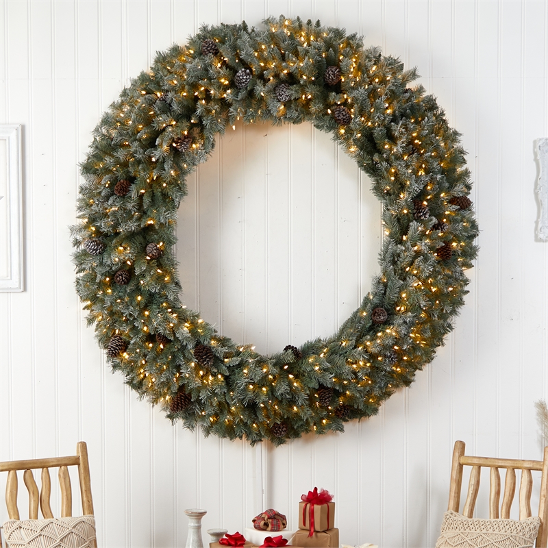 Nearly Natural 6ft Giant Flocked Christmas Wreath w/ Pinecones 600 Clear LED