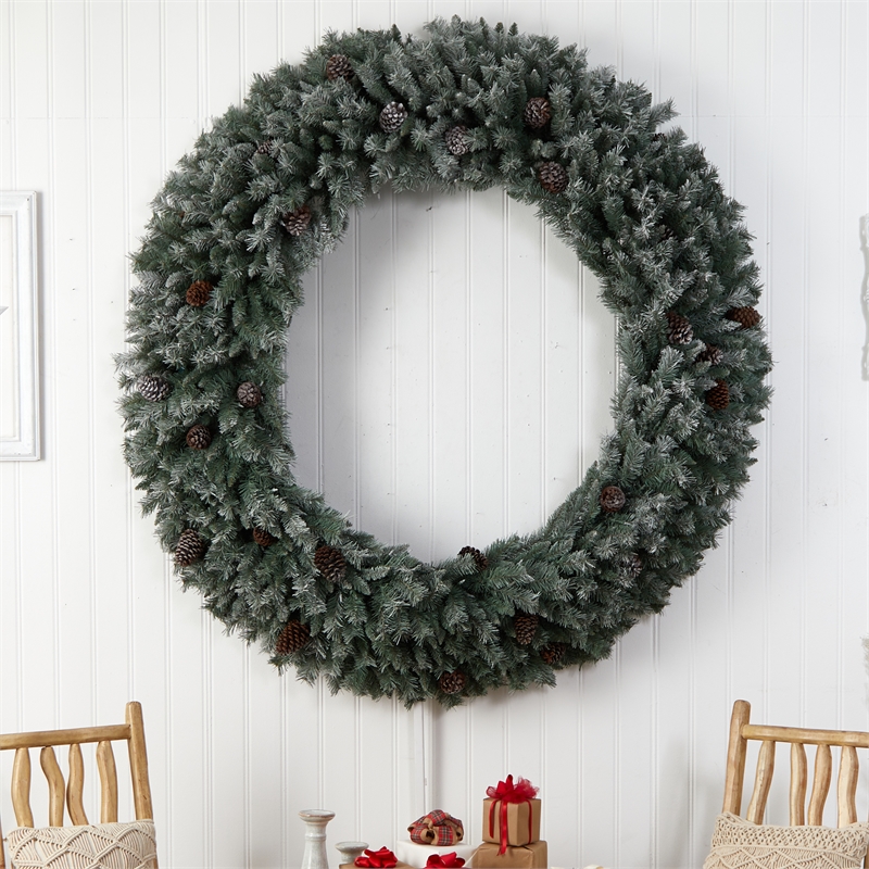 Nearly Natural 6ft Giant Flocked Christmas Wreath w/ Pinecones 600 Clear LED