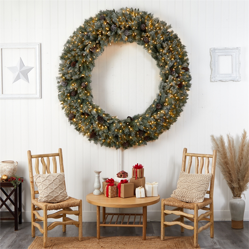 Nearly Natural 6ft Giant Flocked Christmas Wreath w/ Pinecones 600 Clear LED